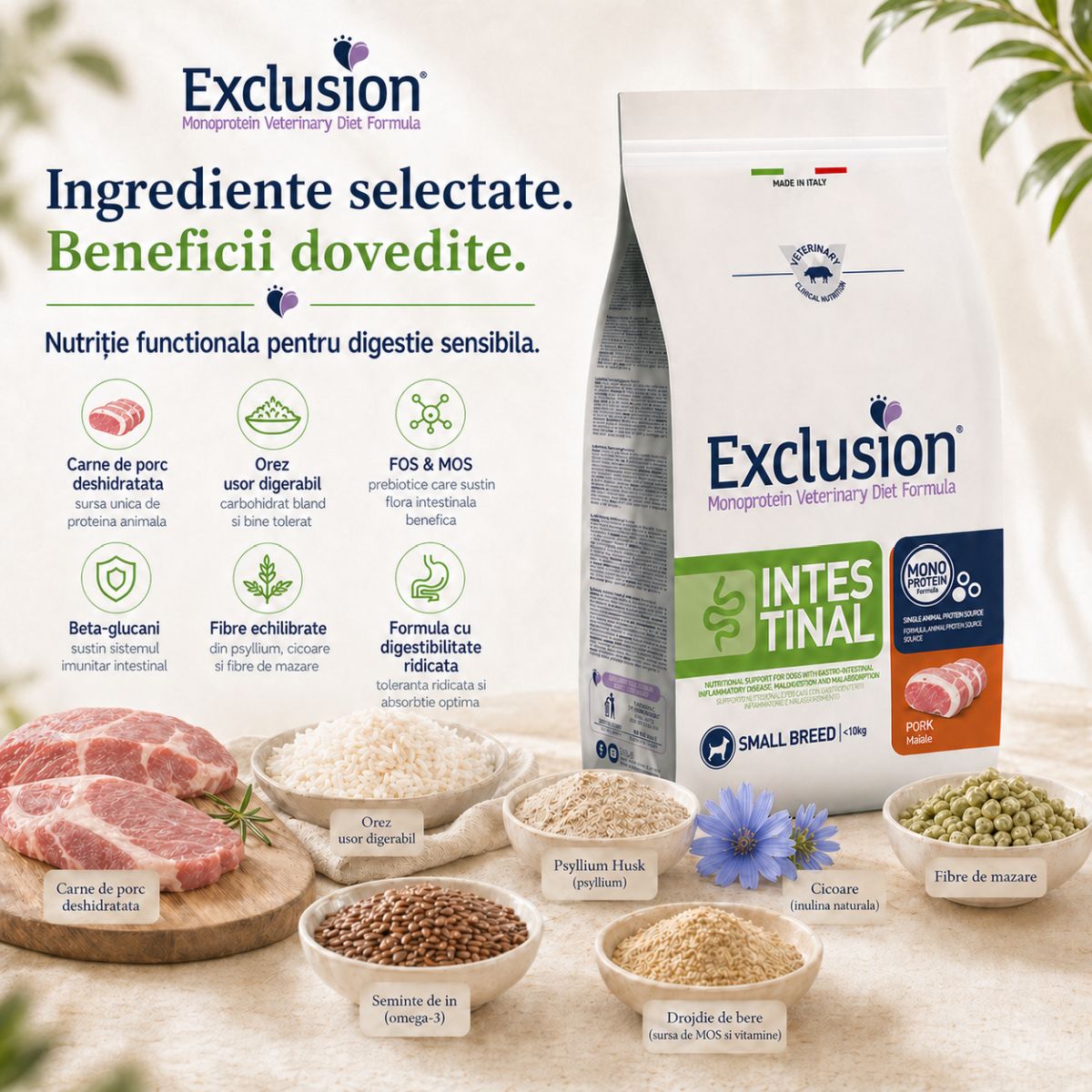 EXCLUSION Monoprotein VD Intestinal Small, XS-S, Porc și Orez, dietă veterinară, hrană uscată câini, sistem digestiv, 2kg - imagine 5